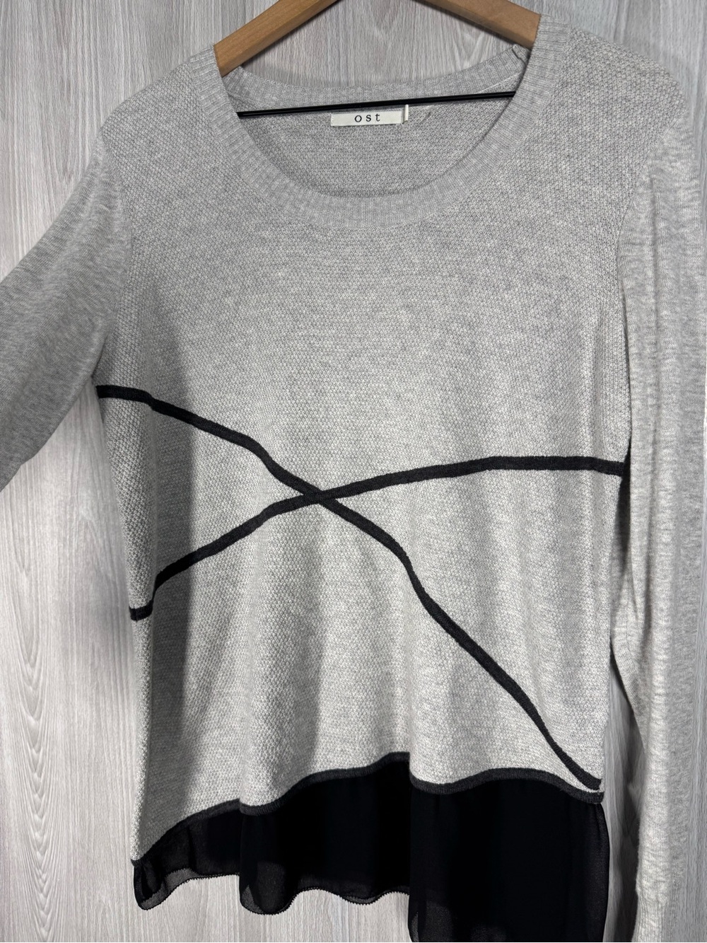 OST New York Cotton Cashmere Gray Geometric Sweater Chiffon Trim Sz L - Picture 3 of 9